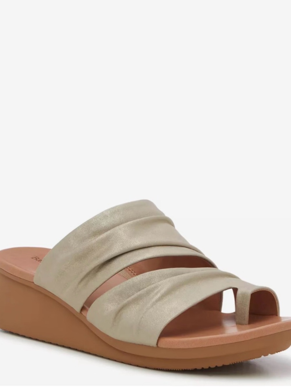 Baretraps Venus Champagne Metallic Ruched Slide Wedge Mule Sandals
